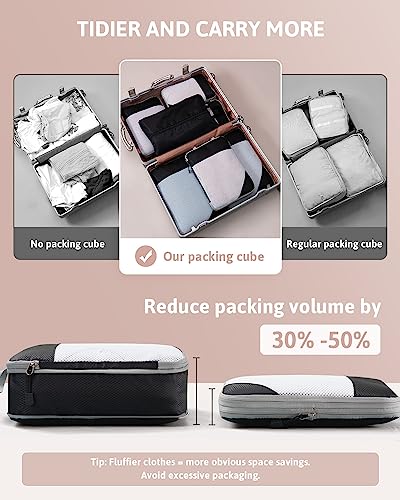 Meowoo 7 Set Compression Packing Cubes for Travel, Durable Ripstop Mesh Suitcase Organizer with Shoe Bag, Ultralight & Expandable Space Saver Travel Cubes - color: Black