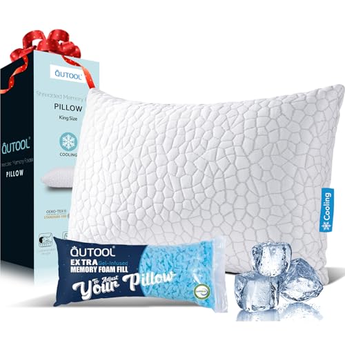 QUTOOL Cooling Pillow for Sleeping, CertiPUR-US Shredded Memory Foam King Pillow Set of 1, Cool Pillow for Hot Sleepers Adjustable Firm Pillow for Side, Back, Stomach Sleepers Soft Yet Support, White - color: White-cooling Basic, size: King(Pack of 1)