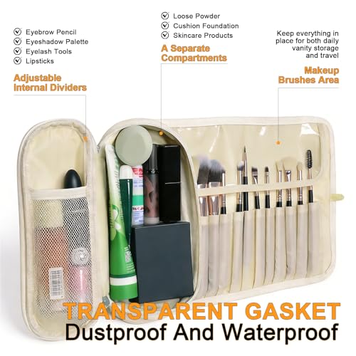 Folding Makeup Brush Bag,Travel Toiletry Bag with Separate Brush Compartment for Brushes & Skincare, Toothbrush Holder,Rollup & Open Flat cosmetic Organizer,Portable Waterproof &Hanging (white) - color: Cream white