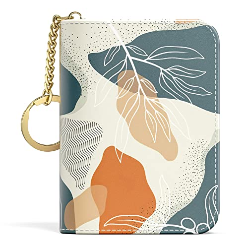 Aiawoxc Credit Card Holder, Small RFID Wallet Slim Leather Card Organizer Case with Zipper and Keychain, Abstract Boho Leaves - color: B-Desert Leaf, size: Keychain