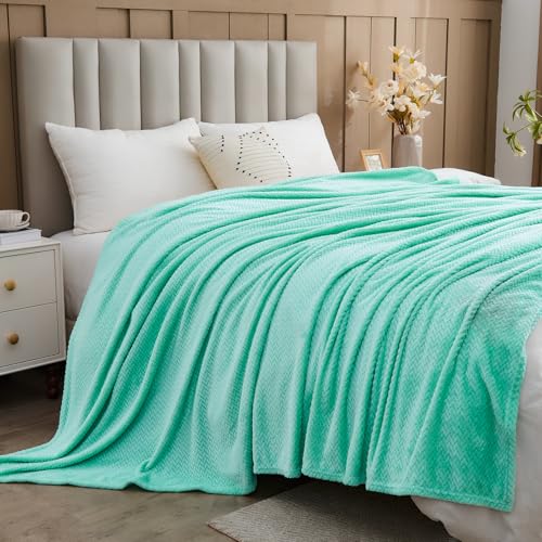 NEWCOSPLAY Super Soft King Blanket Aqua Premium Silky Flannel Fleece Leaves Pattern Lightweight Bed Blanket All Season Use (Aqua, King(90"x110")) - color: Aqua, size: King(90"x110")