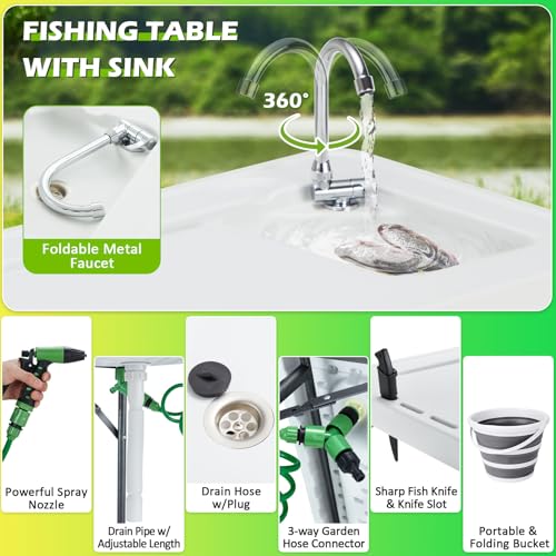 Folding Fish Cleaning Table with Collapsible Bucket, Portable Outdoor Fillet Station Camping Sink Table with Faucet, Drainage Hose & Sprayer, Grid Rack, Knife Groove for Picnic Fishing