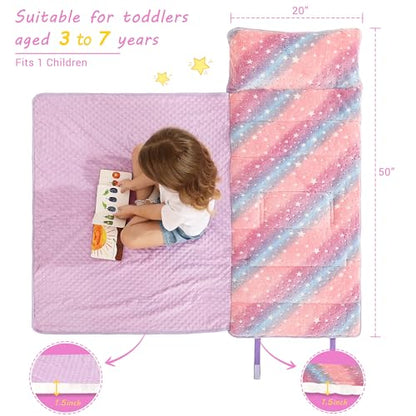 Lasoftan Toddler Nap Mat with Pillow and Blanket, Extra Large Rolled Napping Mats,Slumber Bags for Boys Girls,Kids Sleeping Bag for Daycare, Preschool Travel Camping - color: Glowing Star