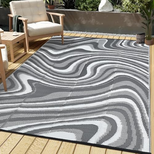 Garvee 5x8 Outdoor Rug Waterproof Modern Plastic Straw Rugs, Camping Rugs for Outside Your RV, Abstract Reversible UV Resistant Rug with Portable Bag for Backyard, Deck, Camper, Black Grey - color: Modern|grey/White, size: 5' x 8' (Rectangular)