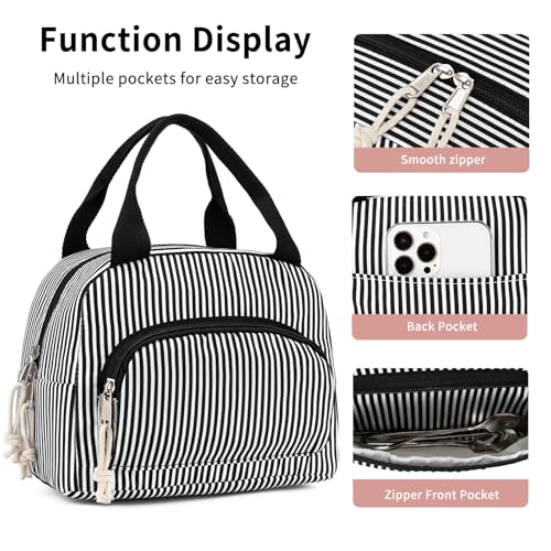 Lunch Bag Women Lunch Box for Women Adult Cute Insulated Lunch Bag Small Cooler Lunch Tote Bags for Work Picnic Travel (Black Stripes) - color: Black Stripes