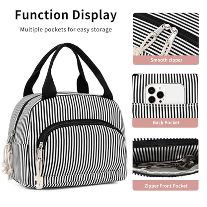 Lunch Bag Women Lunch Box for Women Adult Cute Insulated Lunch Bag Small Cooler Lunch Tote Bags for Work Picnic Travel (Black Stripes) - color: Black Stripes