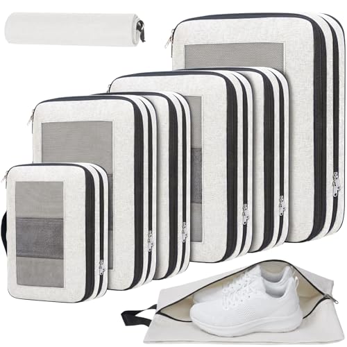 Compression Packing Cubes for Travel, Lightweight Vacation Travel Essentials, Travel Accessories for Suitcase Organizer Bags Set, Durable Luggage Organizer - color: Ivory, size: 8 set-Square Mesh