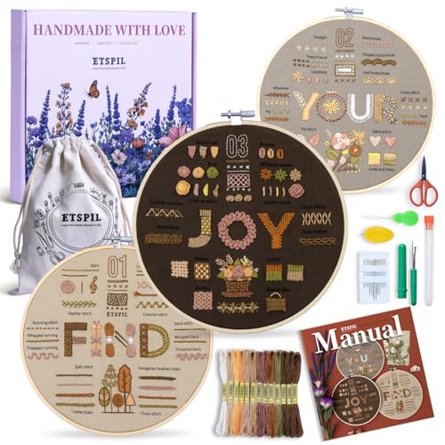 ETSPIL Find Your Joy Beginner Embroidery Kit,3 Pack DIY Starter Kits for Adults with 42 Stitch, Stamped Patterns, Floral Designs, Embroidery Hoop, Colorful Floss, Video Tutorials, and Storage Bag - color: letter E