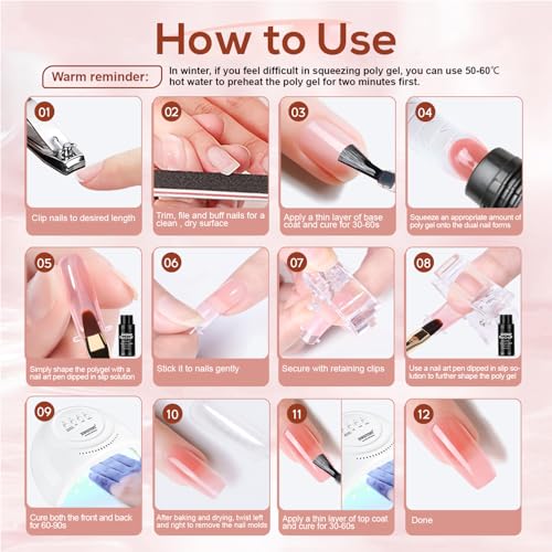 JEWHITENY Poly Extension Gel Kit With 48W LED Nail Lamp 14 Colors Builder Extension Gel All-in-One French Kit Nail Art Design Beginner Kit - color: A02