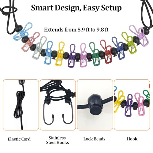 Travel Clothesline Retractable Portable Clothesline with 12 Clips Portable Elastic Camping Clothes Line with Anti-Slip Beads & Stainless Hooks for Hotel, RV, Boat, Outdoor Use (2 Pack) - size: 2 Pack