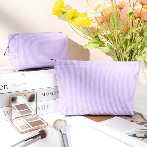 SOIDRAM 2 Pcs Corduroy Makeup Bag Large Cosmetic Bag Toiletry Bag Makeup Pouch Travel Bag Organizer Cute Makeup Brushes Aesthetic Accessories Storage Bag for Women Purple - color: Corduroy Purple