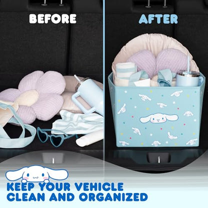 Sanrio Cinnamoroll Car Trunk Organizer & Steering Wheel Cover Set – Cute, Non-Slip, Soft Grip Car Accessories for Women – Collapsible Storage Bin for Groceries, Tools & Travel – 12.5"L x 12.5"W x 9"H - style: Set Cinnamoroll