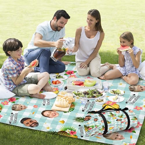 Personalized Waterproof Sandproof Beach Blanket 80''x80'', 3-Layer Foldable Picnic Blanket with Carry Strap, Camping Travel Outdoor Mat for Beach Park Hiking (Custom Family Face) - color: Custom Family Face