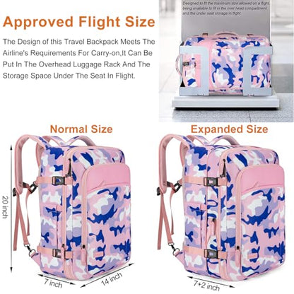 Lumesner Carry on Travel Backpacks, Extra Large 40L Flight Approved for Men & Women,Expandable Suitcase backpack (Camouflage Pink(Backpack With 4 Packing Cubes)) - color: Camouflage Pink