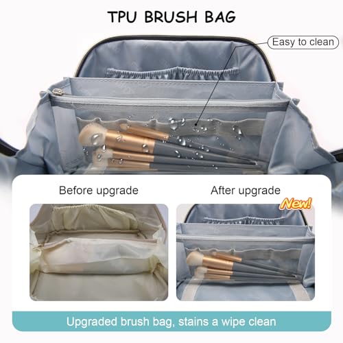BOYATU Checkered Travel Makeup Bags: Vacation-Ready Light Blue Large Capacity Cosmetic Bag for Women - 3 Pcs Set Toiletry Organizer with Waterproof Leather - Easy to Clean Beach Trip Essential - color: 01-C-Blue