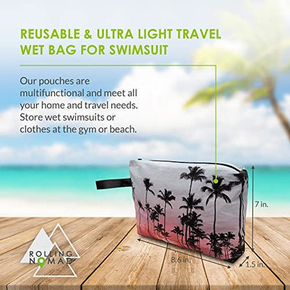 Rolling Nomad Tyvek Zippered Pouch, Wet Swimsuit Bags, Wet & Dry Reversable Pouch, Travel, Toiletry, Pool, Beach Essentials, Waterproof, Summer Must Haves, 11.5x8.5x2 Inch, (Medium) - color: Palm Beach & Black Print, size: 8.5x1.75x6.5 Inch