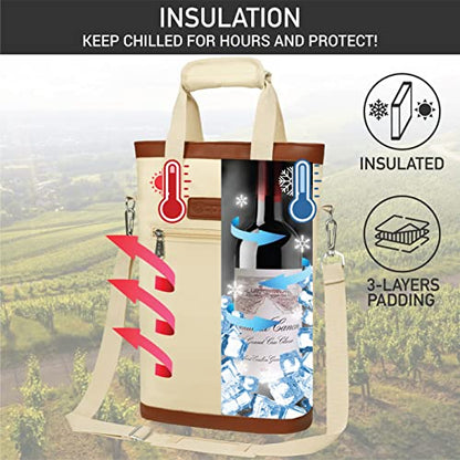 opux Two Bottle Wine Bag Carrier Tote, Insulated Leakproof 2 Bottle Wine Cooler Bag for Travel BYOB Picnic, Portable Wine Case, Gift for Men Women Wine Lover Birthday Party Christmas, Cream Beige - color: Cream Beige