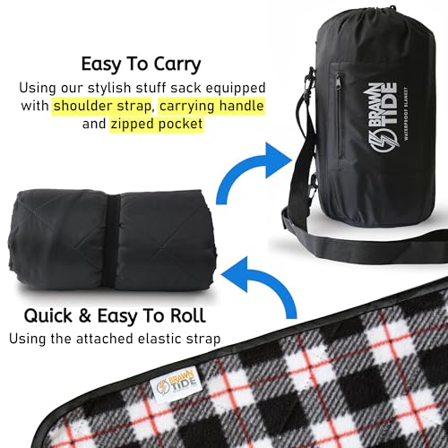 BRAWNTIDE Large Waterproof Outdoor Blanket, Extra Thick Fleece, Warm, Windproof & Sandproof, Quilted Stadium Blanket for Sports Events, Beach, Camping, Picnics, Dogs & Car, 82" x 55 - color: Plaid Black