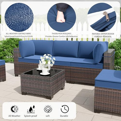 9 Pieces Outdoor Sectional Furniture All Weather PE Rattan Wicker Patio Conversation Set with Coffee Table and 8 Thickened Cushions,Navy Blue - color: Navy Blue, size: 9 Sofa Set