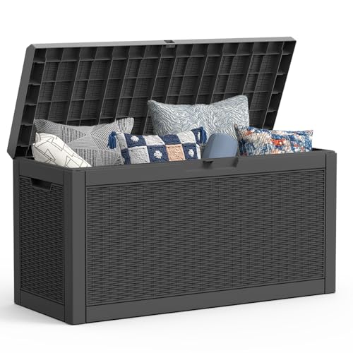 Mars Villa 60 Gallon Deck Box with Seat, Resin Outdoor Storage Box Waterproof, Lockable Lid, Weatherproof and UV Resistant, for Patio Furniture Cushions, Pool Supplies, Garden Tools, Black - color: Black, size: 60 Gallon Bench