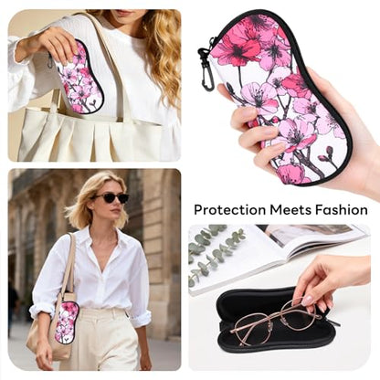Sunglasses Case with Belt Clip, Ultra Light Neoprene Zipper Soft Padded Glasses Case for Women Men - color: Peony