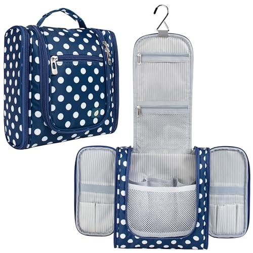 PAVILIA Toiletry Bag Travel Bag for Women Men, Hanging Cosmetic Organizer, Water Resistant Makeup Bag for Accessories Toiletries, Large Travel Essentials Kit (Navy Polka Dot) - color: Navy Polka Dot, size: Standard (9x4x9)