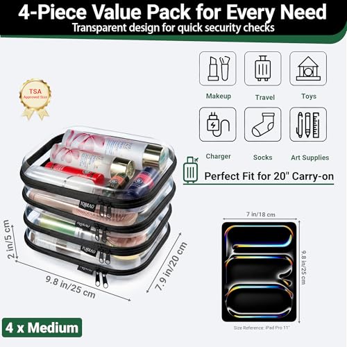 YQBRAO 4-Pack Clear Diaper Bag Organizer Pouches, 1.2mm Ultra-Thick PET Travel Pouches for Toiletries & Makeup, Rigid Self-Standing Bags with YKK Zippers, TSA Approved (Black) - color: Black, size: 4 Pack(M)