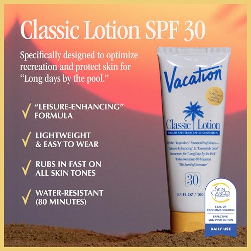 Vacation Classic SPF 30 Sunscreen Lotion and Air Freshener Bundle, 3.4 Fluid Ounces - Invisible, No White Cast, Water-Resistant, Vegan, Dermatologist-Tested, Travel Size - size: 3.4 Fl Oz (Pack of 1), style: SPF 30