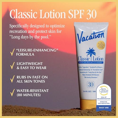 Vacation Classic SPF 30 Sunscreen Lotion and Air Freshener Bundle, 3.4 Fluid Ounces - Invisible, No White Cast, Water-Resistant, Vegan, Dermatologist-Tested, Travel Size - size: 3.4 Fl Oz (Pack of 1), style: SPF 30