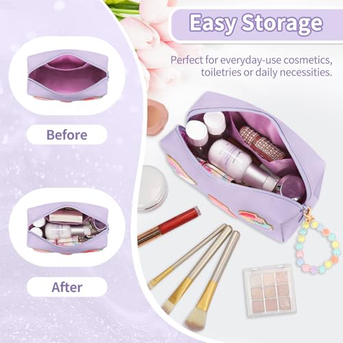 Initial Makeup Bag for Girls, Cute Makeup Bag Small Cosmetic Bag Travel Make Up Organizer Pouch, Birthday Gifts for Girls 4 5 6 7 8 9 10 11 12 13 14 15 Years Old, Teen Girls Gifts Trendy Stuff - color: Purple + Bracelet, style: C
