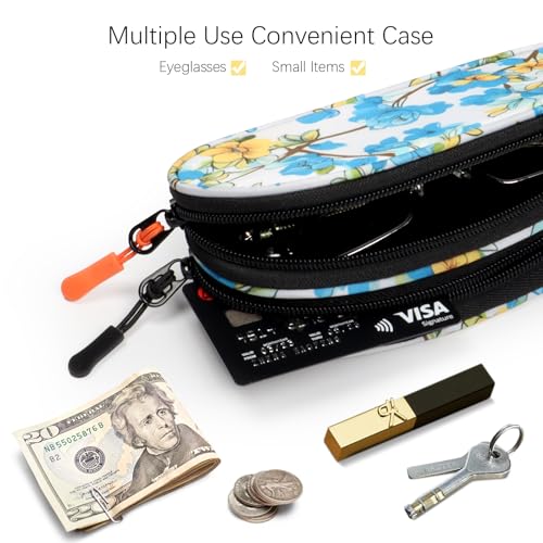Double Eyeglasses Case Soft Portable Zipper Sunglasses Pouch with Keychain Clip for Men Women - color: Blue Flower