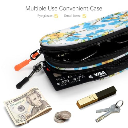 Double Eyeglasses Case Soft Portable Zipper Sunglasses Pouch with Keychain Clip for Men Women - color: Blue Flower