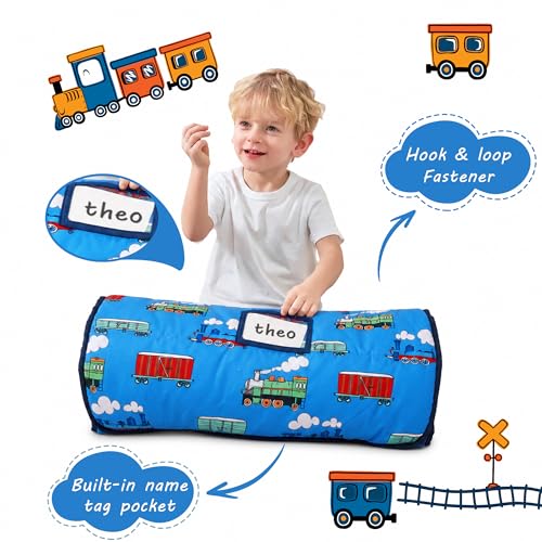 Lasoftan Toddler Nap Mat with Pillow and Blanket, Extra Large Rolled Napping Mats,Slumber Bags for Boys Girls,Kids Sleeping Bag for Daycare, Preschool Travel Camping - color: Blue Train