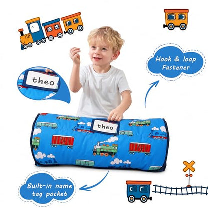 Lasoftan Toddler Nap Mat with Pillow and Blanket, Extra Large Rolled Napping Mats,Slumber Bags for Boys Girls,Kids Sleeping Bag for Daycare, Preschool Travel Camping - color: Blue Train