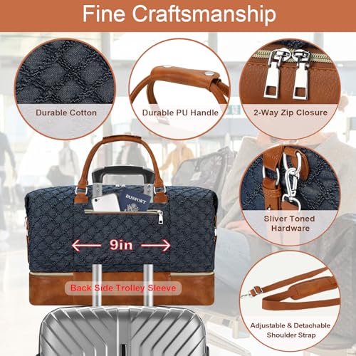 ITIEZY Weekender Overnight Bag for Women - Large Travel Duffel Bag with Shoe Compartment, Gym Duffel Bag Hospital Bag Carry On Tote Bags for Airplanes with Crossbody Bag Toiletry Bag 3Pcs Set - color: 8a-Dark blue