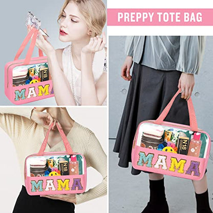 Chenille Letter Clear Makeup Bags Mama Tote, Preppy Patch Makeup Bag Zipper with Handle, Waterproof PVC & Nylon Portable Glitter Large Cosmetic Travel Toiletry Storage Bag for Women Girls(MAMA-Pink) - color: MAMA-Pink