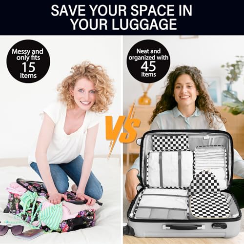 KPX 8 Set Packing Cubes for Travel, Luggage Packing Organizers Accessories Large Toiletries Bag for Clothes Shoes Cosmetics (8Set-Black Checkered) - color: 8Set-Black Checkered