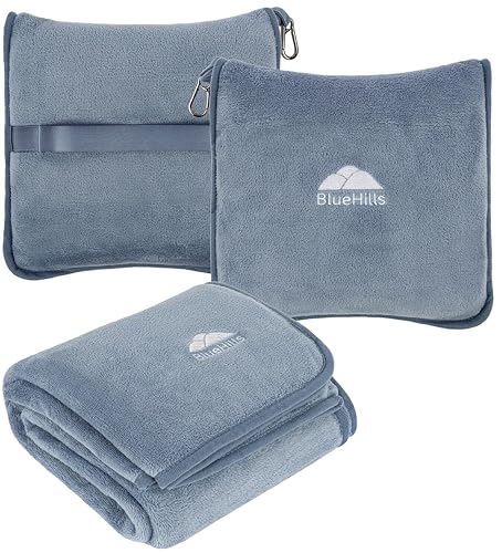 BlueHills Premium Soft Plush Travel Blanket Pillow for Airplane Traveling Essentials in a Bag Flight Throw with Hand Luggage Belt Backpack Clip Compact Portable Plane Accessories Grayish Blue - T026 - color: Grayblue-1pk-t026