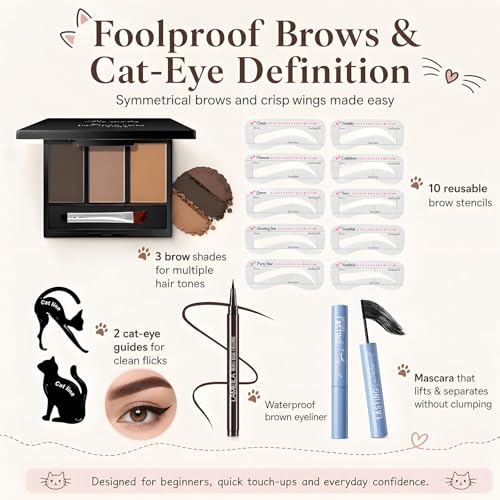 Basic Eye Makeup Kit for Women, 90s Neutral Eyeshadow, Brow Powder, Brow Stencils, Cat Eyeliner Guides, Taupe Matte Lipstick, Cat Lover Cosmetic Bag & etc. - Perfect Makeup Gift Set for Girls & Teens. - color: 10-Cat Lover