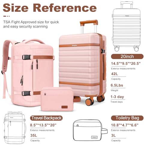Luggage Sets 3 Piece with Spinner Wheels, Lightweight PC Hardside Suitcase with TSA Lock & YKK Zippers, 20 Inch Carry On Luggage with Travel Bag for Men and Women, Pink - color: Pink, size: 3 Piece Set (20inch)