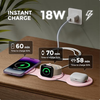 Hicober 3 in 1 Wireless Charging Station for Apple Watch and iPhone Air 17 16 15 14 13 12 Pro Max/Plus, Magnetic Foldable Wireless Travel Charger Station Stand for Airpods iWatch All Series Pink - color: Pink