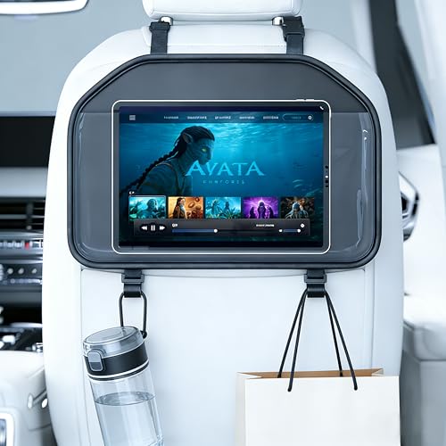 Car Tablet Holder, Backseat Headrest Mount for iPad, Adjustable Seat Organizer with Touch Screen Pocket & Storage Hooks, Fits 7-11 Inch Tablets, Kids Travel Accessory