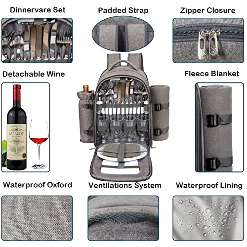 Hap Tim Picnic Basket Backpack for 4 Person with Blanket, Wine Holder, Cooler Compartment, Cutlery Set, for Couples, Ideas, Engagement Gifts, Gray (3065-G) - color: Gray, size: 4 person