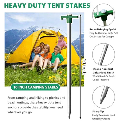 Eurmax USA 10-Pack Secure Protection Galvanized Tent Stakes,Rust-Proof Steel Canopy Anchors for High Winds,Heavy Duty Commercial Ground Pegs for Camping,Pop Up Tents&Gazebos - Includes 4x10ft Ropes - color: Green, style: Stakes 10-pack
