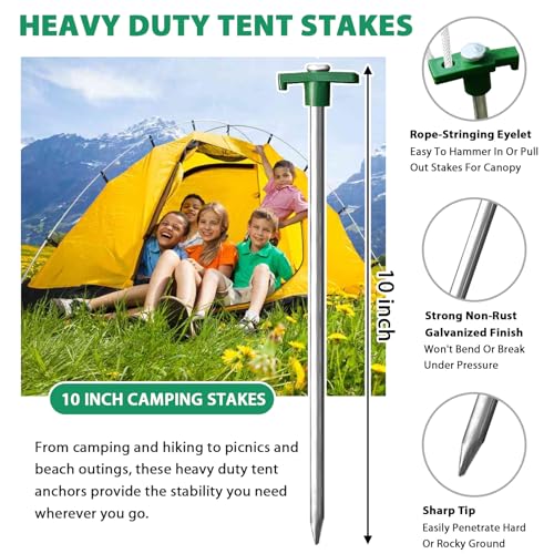 Eurmax USA 20-Pack Secure Protection Galvanized Tent Stakes,Rust-Proof Steel Canopy Anchors for High Winds,Heavy Duty Commercial Ground Pegs for Camping,Pop Up Tents&Gazebos - Includes 4x10ft Ropes - color: Green, style: Stakes 20-pack