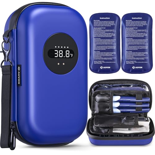 AUVON Insulin Cooler Travel Case with Rechargeable Temp Display, Insulin Pen Cooler Travel Case with 2 x 160g TSA Approved Ice Packs, Waterproof Insulated Cooler Bag for Daily Use & Trip