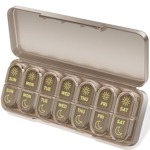 Betife AM PM Pill Organizer 7 Day, Weekly Pill Organizer 2 Times a Day, Daily Pill Box AM PM, Portable Travel Medicine Case, Day and Night Pill Container for Medication, Vitamin or Supplement（Brown） - color: Brown
