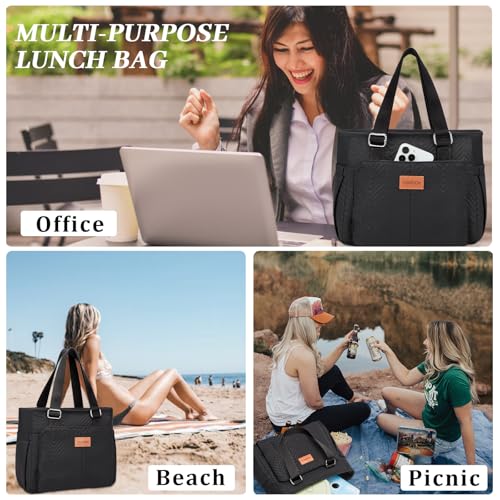 HSHRICH Large Women's Insulated Lunch Bag, Black, 12L, Composite and Aluminum - color: 03-Black, size: Large