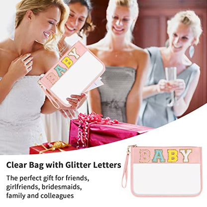 Iqimott Chenille Letter Clear Bag Baby Pouch, Monogram PVC & PU Makeup Cosmetic Bag Zipper Toiletry Pouch, Portable Travel Beach Snack Wristlet Bags for Women Girls(Baby, Pink) - color: Baby-Pink
