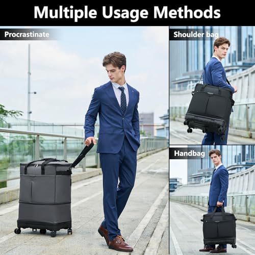 Large Capacity Rolling Duffle Bag with Detachable Wheels,Expandable Foldable Suitcase for Travel,Collapsible Luggage Duffel Overnight Weekend Bags without Telescoping Handle - color: Black